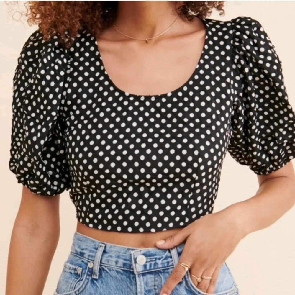 Free People Black and White Puff Sleeve Crop Blouse